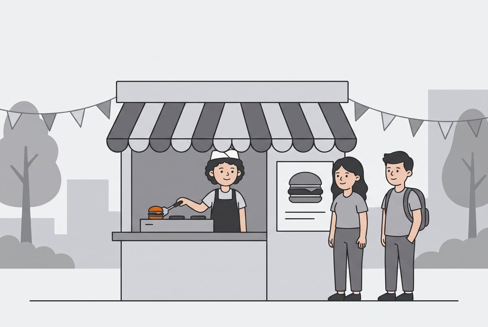 Sam standing behind a single burger stall on a quiet morning at the campus fair